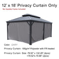 This image showcases a set of 12’ x 18’ privacy curtains for a gazebo. The top text states "12’ x 18’ Privacy Curtain Only" with a note in red underneath saying "No Gazebo Frame Included". The curtains are gray in color and made of 180g/m² polyester with fire-retardant (FR) treatment. There are two different sizes of curtains: 79.52" x 132.28" (4 pieces) and 79.52" x 70.86" (2 pieces). The curtains are displayed on a sample gazebo structure with a dark metal roof.12’ x 18’ Gray Privacy Curtains for Gazebo
