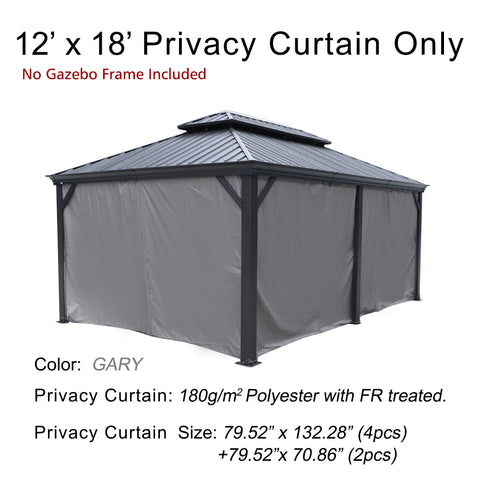 This image showcases a set of 12’ x 18’ privacy curtains for a gazebo. The top text states "12’ x 18’ Privacy Curtain Only" with a note in red underneath saying "No Gazebo Frame Included". The curtains are gray in color and made of 180g/m² polyester with fire-retardant (FR) treatment. There are two different sizes of curtains: 79.52" x 132.28" (4 pieces) and 79.52" x 70.86" (2 pieces). The curtains are displayed on a sample gazebo structure with a dark metal roof.12’ x 18’ Gray Privacy Curtains for Gazebo