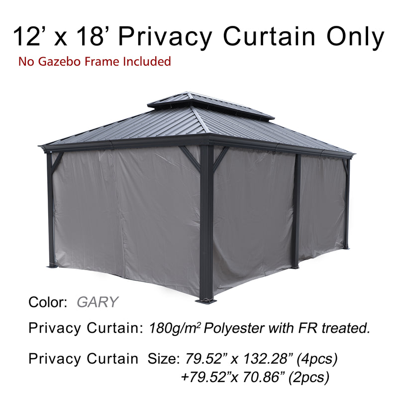 This image showcases a set of 12’ x 18’ privacy curtains for a gazebo. The top text states "12’ x 18’ Privacy Curtain Only" with a note in red underneath saying "No Gazebo Frame Included". The curtains are gray in color and made of 180g/m² polyester with fire-retardant (FR) treatment. There are two different sizes of curtains: 79.52" x 132.28" (4 pieces) and 79.52" x 70.86" (2 pieces). The curtains are displayed on a sample gazebo structure with a dark metal roof.12’ x 18’ Gray Privacy Curtains for Gazebo
