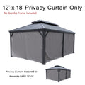 This image features a set of 12’ x 18’ privacy curtains designed for a gazebo. The top text reads "12’ x 18’ Privacy Curtain Only" with a note in red underneath stating "No Gazebo Frame Included". The curtains are displayed on a sample gazebo structure with a dark - colored metal roof. There is also a smaller image of the same style of gazebo with the curtains and text below indicating that the "Privacy Curtain matched to Alexander 12’x18’", suggesting compatibility with this specific gazebo model. 12’x18'