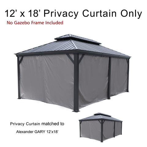 This image features a set of 12’ x 18’ privacy curtains designed for a gazebo. The top text reads "12’ x 18’ Privacy Curtain Only" with a note in red underneath stating "No Gazebo Frame Included". The curtains are displayed on a sample gazebo structure with a dark - colored metal roof. There is also a smaller image of the same style of gazebo with the curtains and text below indicating that the "Privacy Curtain matched to Alexander 12’x18’", suggesting compatibility with this specific gazebo model. 12’x18'