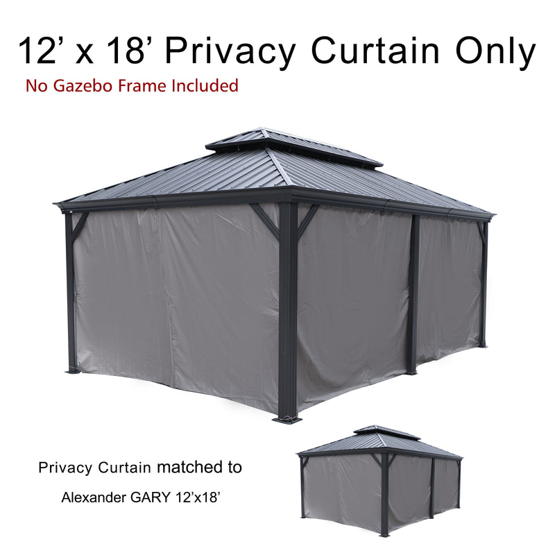 This image features a set of 12’ x 18’ privacy curtains designed for a gazebo. The top text reads "12’ x 18’ Privacy Curtain Only" with a note in red underneath stating "No Gazebo Frame Included". The curtains are displayed on a sample gazebo structure with a dark - colored metal roof. There is also a smaller image of the same style of gazebo with the curtains and text below indicating that the "Privacy Curtain matched to Alexander 12’x18’", suggesting compatibility with this specific gazebo model. 12’x18'
