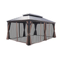 This is an outdoor gazebo with a hard - topped metal roof. It is equipped with mosquito netting around the sides, and the netting is accompanied by brown - colored curtains that can be tied back. The gazebo provides a shaded and insect - free outdoor space, suitable for relaxation and socializing. Outdoor Hardtop Gazebo with Mosquito Netting. outdoor gazebo, hardtop gazebo, mosquito netting, brown curtains, metal roof.