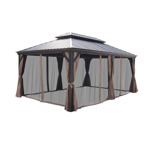 This is an outdoor gazebo with a hard - topped metal roof. It is equipped with mosquito netting around the sides, and the netting is accompanied by brown - colored curtains that can be tied back. The gazebo provides a shaded and insect - free outdoor space, suitable for relaxation and socializing. Outdoor Hardtop Gazebo with Mosquito Netting. outdoor gazebo, hardtop gazebo, mosquito netting, brown curtains, metal roof.