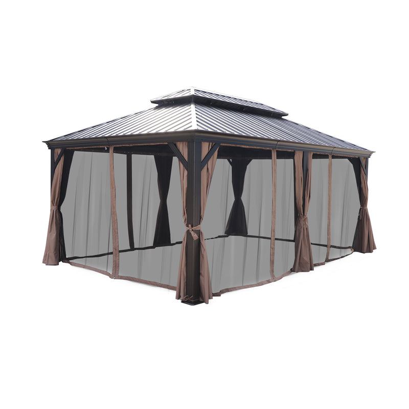 This is an outdoor gazebo with a hard - topped metal roof. It is equipped with mosquito netting around the sides, and the netting is accompanied by brown - colored curtains that can be tied back. The gazebo provides a shaded and insect - free outdoor space, suitable for relaxation and socializing. Outdoor Hardtop Gazebo with Mosquito Netting. outdoor gazebo, hardtop gazebo, mosquito netting, brown curtains, metal roof.