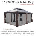 A 12' x 18' mosquito net designed for an outdoor gazebo is displayed. The text states that the gazebo frame is not included. The netting is in a color combination of beige and black. It is made of nylon netting with fire - retardant (FR) treatment. The sidewall sizes are specified as 79.52" x 132.28" for 4 pieces and 79.52" x 70.86" for 2 pieces. 12' x 18' Fire - Retardant Nylon Mosquito Net for Outdoor Gazebo. outdoor gazebo, 12x18 mosquito net, beige and black, nylon netting, fire - retardant treatment.
