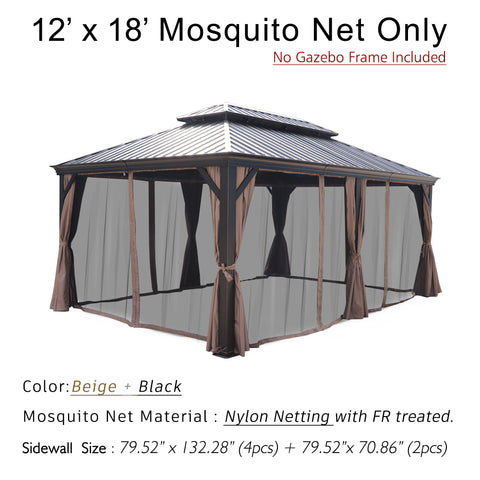 A 12' x 18' mosquito net designed for an outdoor gazebo is displayed. The text states that the gazebo frame is not included. The netting is in a color combination of beige and black. It is made of nylon netting with fire - retardant (FR) treatment. The sidewall sizes are specified as 79.52" x 132.28" for 4 pieces and 79.52" x 70.86" for 2 pieces. 12' x 18' Fire - Retardant Nylon Mosquito Net for Outdoor Gazebo. outdoor gazebo, 12x18 mosquito net, beige and black, nylon netting, fire - retardant treatment.