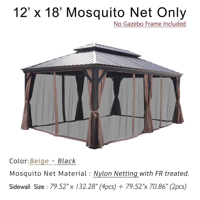 A 12' x 18' mosquito net designed for an outdoor gazebo is displayed. The text states that the gazebo frame is not included. The netting is in a color combination of beige and black. It is made of nylon netting with fire - retardant (FR) treatment. The sidewall sizes are specified as 79.52" x 132.28" for 4 pieces and 79.52" x 70.86" for 2 pieces. 12' x 18' Fire - Retardant Nylon Mosquito Net for Outdoor Gazebo. outdoor gazebo, 12x18 mosquito net, beige and black, nylon netting, fire - retardant treatment.