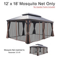 A 12' x 18' mosquito net designed for an outdoor gazebo is shown. The text clearly states that the gazebo frame is not included. The netting is installed on a sample gazebo structure with tied - back brown curtains. It is specified that the mosquito net is compatible with the Alexander 12'x18' gazebo model, with a small image of the relevant gazebo displayed below. 12' x 18' Mosquito Net for Alexander Gazebo: Frame - Excluded Option. 12x18 mosquito net, outdoor gazebo, Alexander gazebo, mosquito protection.