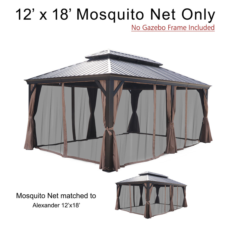 A 12' x 18' mosquito net designed for an outdoor gazebo is shown. The text clearly states that the gazebo frame is not included. The netting is installed on a sample gazebo structure with tied - back brown curtains. It is specified that the mosquito net is compatible with the Alexander 12'x18' gazebo model, with a small image of the relevant gazebo displayed below. 12' x 18' Mosquito Net for Alexander Gazebo: Frame - Excluded Option. 12x18 mosquito net, outdoor gazebo, Alexander gazebo, mosquito protection.