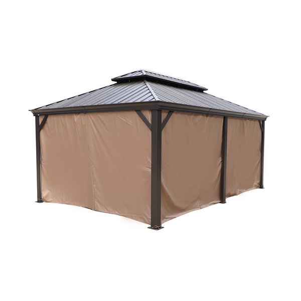 This image depicts a gazebo enclosed by beige-colored privacy curtains. The gazebo features a dark-hued, multi-tiered metal roof. The curtains fully cover the sides of the gazebo, providing a private and enclosed space. The structure is supported by dark metal posts, enhancing its sturdiness. Beige Privacy Curtains for a Sturdy Metal-Roofed Gazebo. gazebo, beige privacy curtains, metal-roofed gazebo, enclosed gazebo, privacy curtains