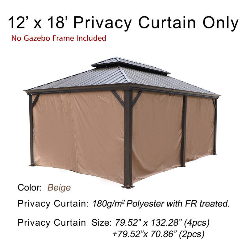 This image showcases a set of 12’ x 18’ privacy curtains for a gazebo. The top text states "12’ x 18’ Privacy Curtain Only" with a note in red underneath saying "No Gazebo Frame Included". The curtains are beige in color and made of 180g/m² polyester with fire-retardant (FR) treatment. There are two different sizes of curtains: 79.52" x 132.28" (4 pieces) and 79.52" x 70.86" (2 pieces). The curtains are displayed on a sample gazebo structure with a dark metal roof.12’ x 18’ Beige Privacy Curtains for Gazebo