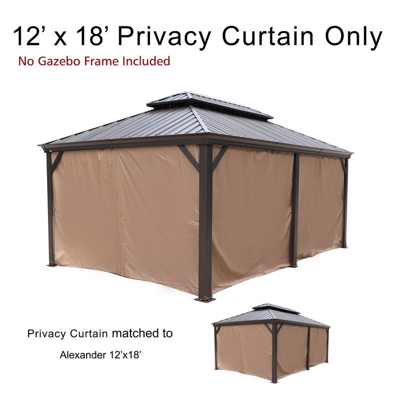 This image features a set of 12’ x 18’ privacy curtains designed for a gazebo. The top text reads "12’ x 18’ Privacy Curtain Only" with a note in red underneath stating "No Gazebo Frame Included". The curtains are displayed on a sample gazebo structure with a dark - colored metal roof. There is also a smaller image of the same style of gazebo with the curtains and text below indicating that the "Privacy Curtain matched to Alexander 12’x18’", suggesting compatibility with this specific gazebo model. 12’x18'