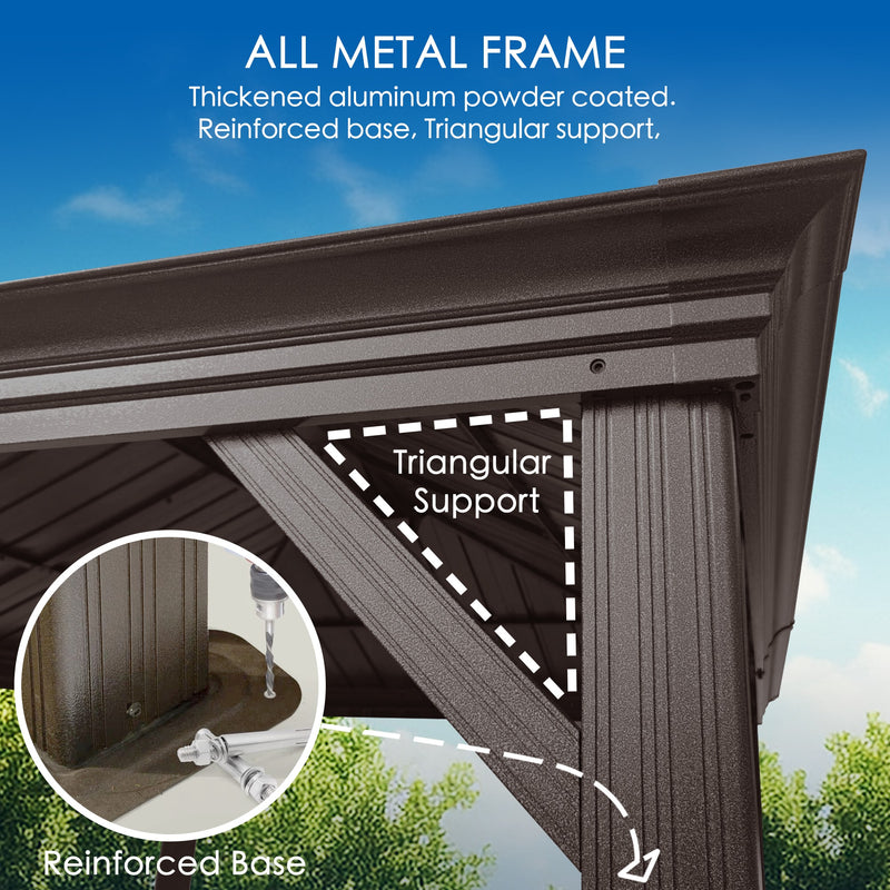 A close - up view of an outdoor gazebo's metal frame, highlighting its structural features. The frame is made of thickened aluminum with a powder - coated finish. Key elements like the triangular support and reinforced base are pointed out, emphasizing the durability and stability of the structure. The text at the top reads "ALL METAL FRAME" and describes the frame as thickened aluminum powder - coated, with a reinforced base and triangular support. Durable All - Metal Frame of Outdoor Gazebo