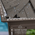An image focusing on the water gutter system of an outdoor gazebo. The gutter is shown with water droplets on the roof, indicating its function during rainfall. The text "WATER GUTTER" is prominently displayed, with descriptions highlighting the corrugated slope for fast water flow, anti - clogging features, and a drainage ditch. Efficient Water Gutter System for Outdoor Gazebo. outdoor gazebo, water gutter, corrugated slope, anti - clogging, drainage. #color_brown