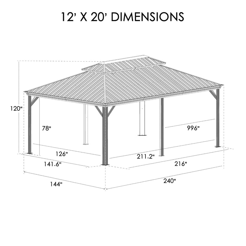 A technical drawing of a 12' x 20' outdoor gazebo with clearly marked dimensions. The gazebo features a double - tiered roof structure. The height from the base to the top of the frame is 120 inches, and the height from the base to the underside of the roof is 78 inches. Multiple base - level measurements are provided, indicating the footprint of the gazebo. The title "12' X 20' DIMENSIONS" is prominently displayed at the top. 12' x 20' Outdoor Gazebo: Dimensioned Technical Illustration. outdoor gazebo.