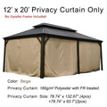 This image showcases a set of 12’ x 20’ privacy curtains for a gazebo. The top text states "12’ x 20’ Privacy Curtain Only" with a note in red underneath saying "No Gazebo Frame Included". The curtains are beige in color and made of 180g/m² polyester with fire-retardant (FR) treatment. There are two different sizes of curtains: 78.74" x 132.67" (4 pieces) and 78.74" x 93.7" (2 pieces). The curtains are displayed on a sample gazebo structure with a dark metal roof.12’ x 20’ Beige Privacy Curtains for Gazebo