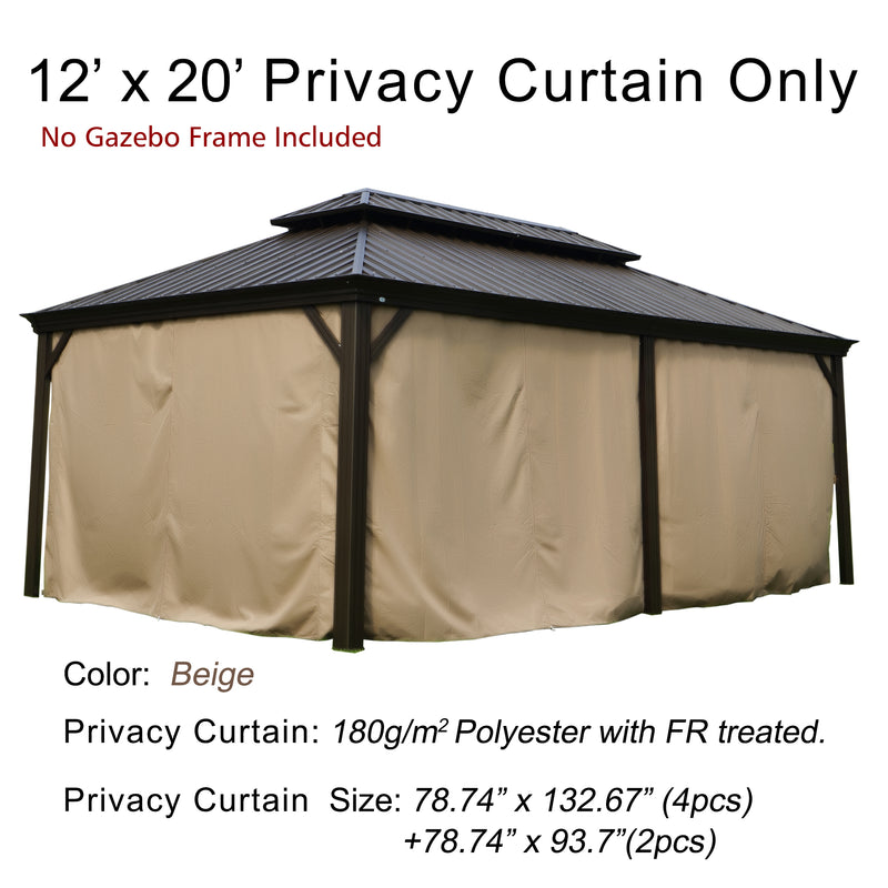 This image showcases a set of 12’ x 20’ privacy curtains for a gazebo. The top text states "12’ x 20’ Privacy Curtain Only" with a note in red underneath saying "No Gazebo Frame Included". The curtains are beige in color and made of 180g/m² polyester with fire-retardant (FR) treatment. There are two different sizes of curtains: 78.74" x 132.67" (4 pieces) and 78.74" x 93.7" (2 pieces). The curtains are displayed on a sample gazebo structure with a dark metal roof.12’ x 20’ Beige Privacy Curtains for Gazebo