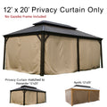 This promotional image advertises 12’x20’ privacy curtains for gazebos. The main text at the top reads "12’x20’ Privacy Curtain Only" with a note in red underneath stating "No Gazebo Frame Included". The central image shows a gazebo with the privacy curtains installed. Below, there are two smaller images of different gazebo models, labeled "Privacy Curtain matched to Alexander 12’x20’" and "Apollo 12’x20’", indicating the curtain compatibility with these gazebo styles.12’x20’ Privacy Curtains for Alexander 