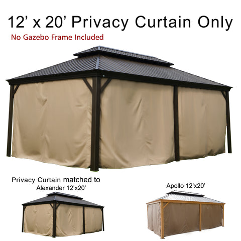 This promotional image advertises 12’x20’ privacy curtains for gazebos. The main text at the top reads "12’x20’ Privacy Curtain Only" with a note in red underneath stating "No Gazebo Frame Included". The central image shows a gazebo with the privacy curtains installed. Below, there are two smaller images of different gazebo models, labeled "Privacy Curtain matched to Alexander 12’x20’" and "Apollo 12’x20’", indicating the curtain compatibility with these gazebo styles.12’x20’ Privacy Curtains for Alexander 