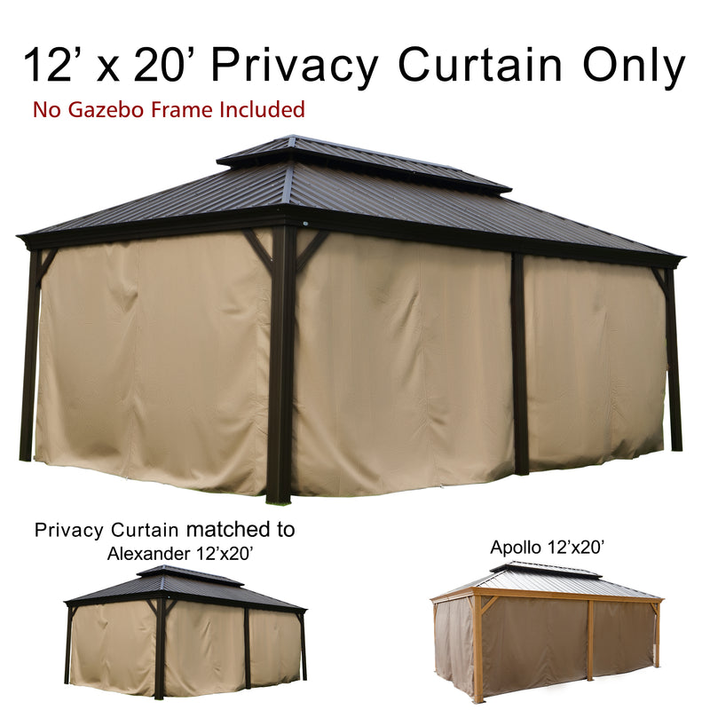 This promotional image advertises 12’x20’ privacy curtains for gazebos. The main text at the top reads "12’x20’ Privacy Curtain Only" with a note in red underneath stating "No Gazebo Frame Included". The central image shows a gazebo with the privacy curtains installed. Below, there are two smaller images of different gazebo models, labeled "Privacy Curtain matched to Alexander 12’x20’" and "Apollo 12’x20’", indicating the curtain compatibility with these gazebo styles.12’x20’ Privacy Curtains for Alexander 