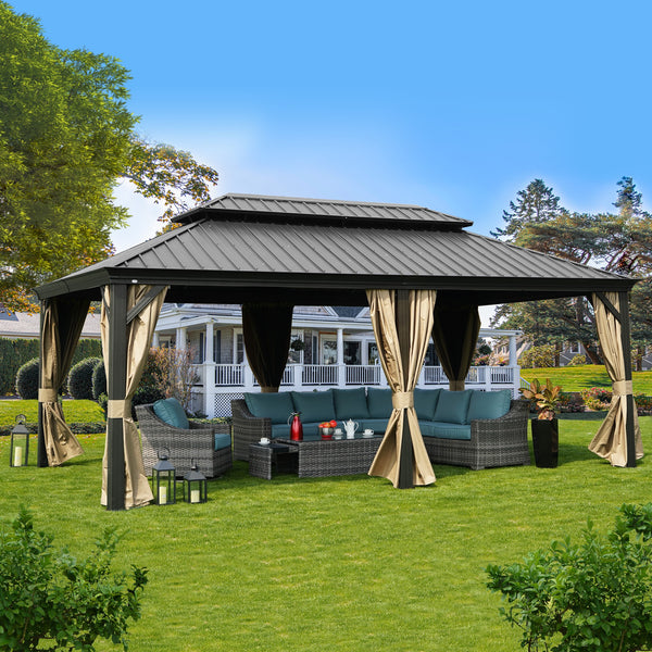 A stylish outdoor gazebo with a dark - hued metal roof stands on a well - manicured lawn. The gazebo is adorned with beige curtains that are tied back, revealing a cozy seating area with wicker furniture and teal cushions. There are also decorative black lanterns placed on the grass, adding to the inviting ambiance. In the background, a charming white -trimmed house and lush greenery can be seen. Cozy Outdoor Gazebo with Wicker Seating on a Green Lawn. outdoor gazebo, wicker furniture, teal cushions, beige.