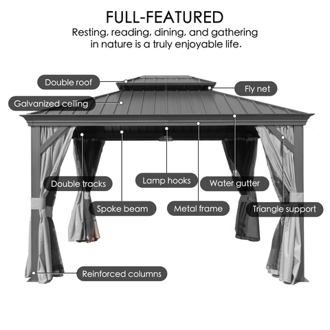 Kozyard Alexander 12' X 20' Hardtop Gazebo Aluminum Metal Gazebo with Galvanized Steel Double Roof Canopy, Curtain and Netting, Gray