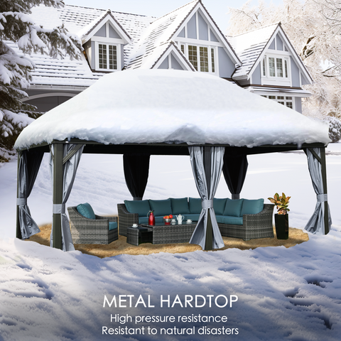 Kozyard Alexander 12' X 20' Hardtop Gazebo Aluminum Metal Gazebo with Galvanized Steel Double Roof Canopy, Curtain and Netting, Gray
