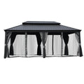 A stylish outdoor gazebo with a dark - colored metal roof is equipped with mosquito netting. The netting is complemented by dark - toned curtains that can be tied back, providing an insect - free outdoor space. Outdoor Gazebo with Dark - Toned Mosquito Netting. outdoor gazebo, mosquito netting, dark roof, dark curtains, insect protection. 