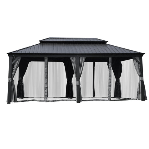 A stylish outdoor gazebo with a dark - colored metal roof is equipped with mosquito netting. The netting is complemented by dark - toned curtains that can be tied back, providing an insect - free outdoor space. Outdoor Gazebo with Dark - Toned Mosquito Netting. outdoor gazebo, mosquito netting, dark roof, dark curtains, insect protection. 