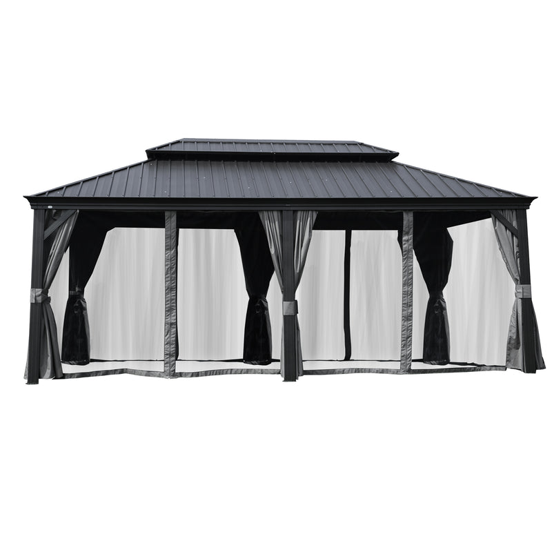 A stylish outdoor gazebo with a dark - colored metal roof is equipped with mosquito netting. The netting is complemented by dark - toned curtains that can be tied back, providing an insect - free outdoor space. Outdoor Gazebo with Dark - Toned Mosquito Netting. outdoor gazebo, mosquito netting, dark roof, dark curtains, insect protection. 