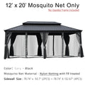 A 12' x 20' mosquito net for an outdoor gazebo is displayed. The text indicates that the gazebo frame is not included. The netting is in a color combination of gray (misspelled as "Gary") and black. It is made of nylon netting with fire - retardant (FR) treatment. The sidewall sizes are 78.74" x 93.7" for 2 pieces and 78.74" x 132.67" for 4 pieces. 12' x 20' Fire - Retardant Nylon Mosquito Net for Outdoor Gazebo. outdoor gazebo, 12x20 mosquito net, gray and black netting, nylon netting, fire - retardant.