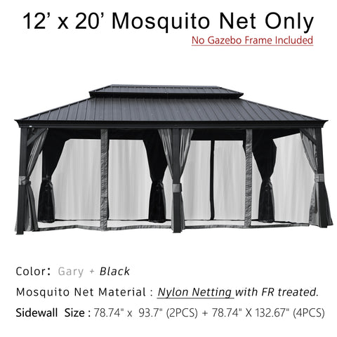 A 12' x 20' mosquito net for an outdoor gazebo is displayed. The text indicates that the gazebo frame is not included. The netting is in a color combination of gray (misspelled as "Gary") and black. It is made of nylon netting with fire - retardant (FR) treatment. The sidewall sizes are 78.74" x 93.7" for 2 pieces and 78.74" x 132.67" for 4 pieces. 12' x 20' Fire - Retardant Nylon Mosquito Net for Outdoor Gazebo. outdoor gazebo, 12x20 mosquito net, gray and black netting, nylon netting, fire - retardant.