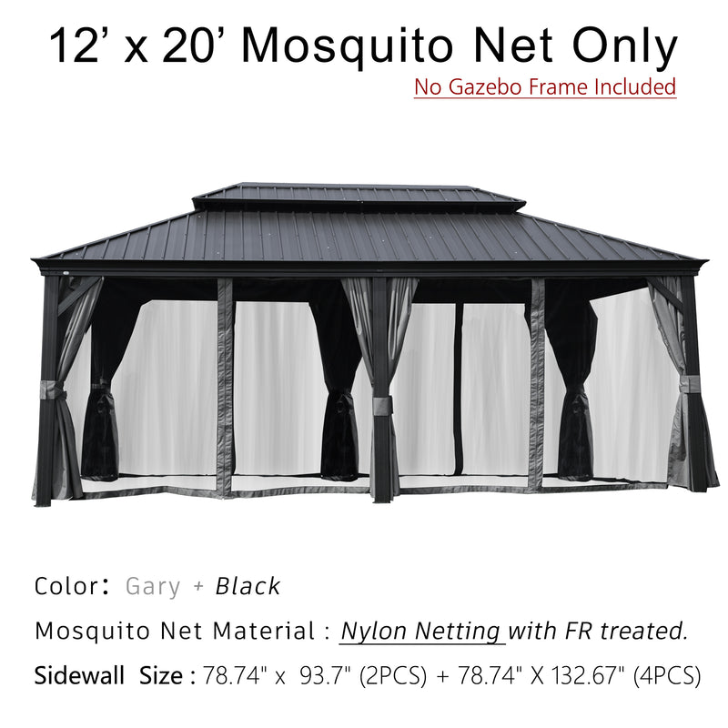 A 12' x 20' mosquito net for an outdoor gazebo is displayed. The text indicates that the gazebo frame is not included. The netting is in a color combination of gray (misspelled as "Gary") and black. It is made of nylon netting with fire - retardant (FR) treatment. The sidewall sizes are 78.74" x 93.7" for 2 pieces and 78.74" x 132.67" for 4 pieces. 12' x 20' Fire - Retardant Nylon Mosquito Net for Outdoor Gazebo. outdoor gazebo, 12x20 mosquito net, gray and black netting, nylon netting, fire - retardant.