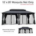 A 12' x 20' mosquito net designed for an outdoor gazebo, with the note that the gazebo frame is not included. The netting, in shades of gray and black, is specifically matched to the Alexander GARY 12'x20' gazebo model. 12' x 20' Mosquito Net for Alexander GARY Gazebo (Frame Not Included). outdoor gazebo, 12x20 mosquito net, Alexander GARY gazebo, mosquito protection, netting for gazebo.