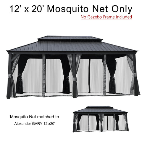 A 12' x 20' mosquito net designed for an outdoor gazebo, with the note that the gazebo frame is not included. The netting, in shades of gray and black, is specifically matched to the Alexander GARY 12'x20' gazebo model. 12' x 20' Mosquito Net for Alexander GARY Gazebo (Frame Not Included). outdoor gazebo, 12x20 mosquito net, Alexander GARY gazebo, mosquito protection, netting for gazebo.