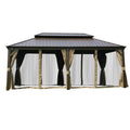 An outdoor hardtop gazebo with a brown - toned metal roof, surrounded by mosquito netting. The netting is complemented by beige - colored curtains that are tied back, creating a comfortable and insect - free outdoor space. Outdoor Brown - Roofed Gazebo with Mosquito Netting.outdoor gazebo, brown hardtop, mosquito netting, beige curtains, insect protection.