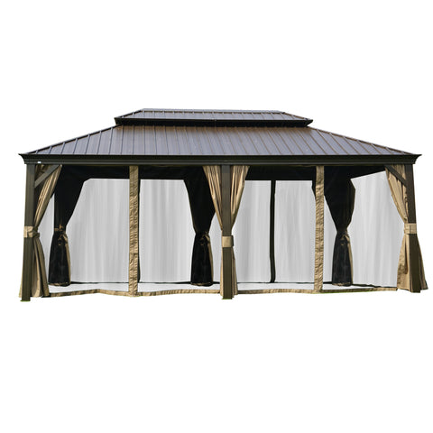 An outdoor hardtop gazebo with a brown - toned metal roof, surrounded by mosquito netting. The netting is complemented by beige - colored curtains that are tied back, creating a comfortable and insect - free outdoor space. Outdoor Brown - Roofed Gazebo with Mosquito Netting.outdoor gazebo, brown hardtop, mosquito netting, beige curtains, insect protection.