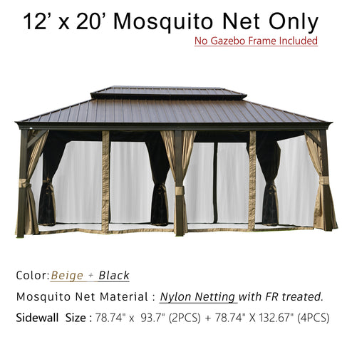 A 12' x 20' mosquito net designed for an outdoor gazebo, with the note that the gazebo frame is not included. The netting features a color combination of beige and black. It is made of nylon with fire - retardant (FR) treatment. The sidewall sizes are 78.74" x 93.7" for 2 pieces and 78.74" x 132.67" for 4 pieces. 12' x 20' Fire - Retardant Nylon Mosquito Net for Outdoor Gazebo. outdoor gazebo, 12x20 mosquito net, beige and black netting, nylon netting, fire - retardant treatment, sidewall dimensions.