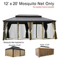 A 12' x 20' mosquito net for outdoor gazebos is shown, with the text "No Gazebo Frame Included." The netting is attached to a sample gazebo frame with beige - black curtains tied back. Below the main image, it's noted that the mosquito net is compatible with Alexander 12'x20' and Apollo 12'x20' gazebo models, with small images of these gazebos displayed. 12' x 20' Mosquito Net for Outdoor Gazebos: Model - Specific Compatibility. outdoor gazebo, 12x20 mosquito net, Alexander gazebo, Apollo gazebo, mosquito 