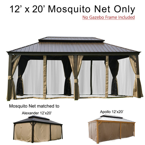 A 12' x 20' mosquito net for outdoor gazebos is shown, with the text "No Gazebo Frame Included." The netting is attached to a sample gazebo frame with beige - black curtains tied back. Below the main image, it's noted that the mosquito net is compatible with Alexander 12'x20' and Apollo 12'x20' gazebo models, with small images of these gazebos displayed. 12' x 20' Mosquito Net for Outdoor Gazebos: Model - Specific Compatibility. outdoor gazebo, 12x20 mosquito net, Alexander gazebo, Apollo gazebo, mosquito 
