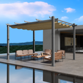 An outdoor pergola with a beige canopy is set on a modern, elevated patio area. The pergola features a sleek metal frame and provides shade over a stylish outdoor seating arrangement that includes cushioned wicker furniture and a coffee table. The background showcases a scenic view of distant hills under a partly cloudy sky.Modern Outdoor Pergola with Beige Canopy for Relaxing Spaces. outdoor pergola, beige canopy, modern patio, metal frame, outdoor seating, wicker furniture.