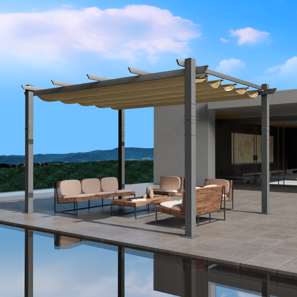An outdoor pergola with a beige canopy is set on a modern, elevated patio area. The pergola features a sleek metal frame and provides shade over a stylish outdoor seating arrangement that includes cushioned wicker furniture and a coffee table. The background showcases a scenic view of distant hills under a partly cloudy sky.Modern Outdoor Pergola with Beige Canopy for Relaxing Spaces. outdoor pergola, beige canopy, modern patio, metal frame, outdoor seating, wicker furniture.