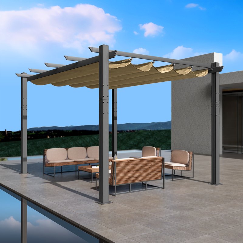 An outdoor pergola with a beige canopy is set on a modern, elevated patio area. The pergola features a sleek metal frame and provides shade over a stylish outdoor seating arrangement that includes cushioned wicker furniture and a coffee table. The background showcases a scenic view of distant hills under a partly cloudy sky.Modern Outdoor Pergola with Beige Canopy for Relaxing Spaces. outdoor pergola, beige canopy, modern patio, metal frame, outdoor seating, wicker furniture.