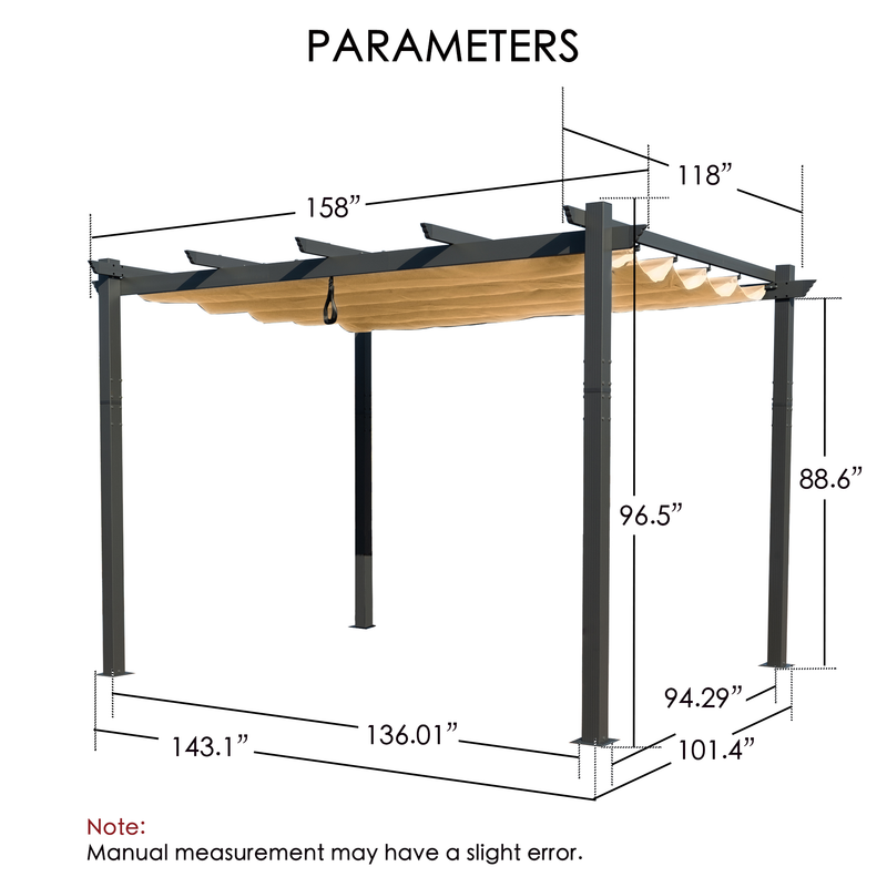 A technical diagram of an outdoor pergola displays its key dimensions. The pergola features a canopy with measurements labeled, including lengths of 158" and 118", and various column heights such as 96.5", 88.6", and 94.29". The base measurements are also provided, like 143.1", 136.01", and 101.4". A note at the bottom indicates that manual measurements may have a slight error. Outdoor Pergola Dimensions: Key Parameters. Outdoor Pergola Dimensions: Key Parameters.