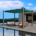 An outdoor pergola with a blue canopy is set on a modern, elevated patio area. The pergola features a sleek metal frame and provides shade over a stylish outdoor seating arrangement that includes cushioned wicker furniture and a coffee table. The background showcases a scenic view of distant hills under a partly cloudy sky. Modern Outdoor Pergola with Blue Canopy for Relaxing Spaces. outdoor pergola, blue canopy, modern patio, metal frame, outdoor seating, wicker furniture.