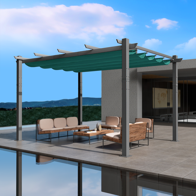 An outdoor pergola with a blue canopy is set on a modern, elevated patio area. The pergola features a sleek metal frame and provides shade over a stylish outdoor seating arrangement that includes cushioned wicker furniture and a coffee table. The background showcases a scenic view of distant hills under a partly cloudy sky. Modern Outdoor Pergola with Blue Canopy for Relaxing Spaces. outdoor pergola, blue canopy, modern patio, metal frame, outdoor seating, wicker furniture.