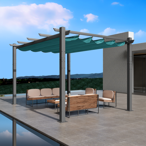 An outdoor pergola with a blue canopy is set on a modern, elevated patio area. The pergola features a sleek metal frame and provides shade over a stylish outdoor seating arrangement that includes cushioned wicker furniture and a coffee table. The background showcases a scenic view of distant hills under a partly cloudy sky. Modern Outdoor Pergola with Blue Canopy for Relaxing Spaces. outdoor pergola, blue canopy, modern patio, metal frame, outdoor seating, wicker furniture.