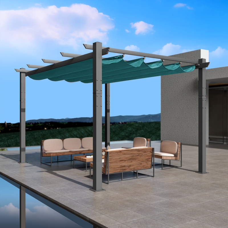 An outdoor pergola with a blue canopy is set on a modern, elevated patio area. The pergola features a sleek metal frame and provides shade over a stylish outdoor seating arrangement that includes cushioned wicker furniture and a coffee table. The background showcases a scenic view of distant hills under a partly cloudy sky. Modern Outdoor Pergola with Blue Canopy for Relaxing Spaces. outdoor pergola, blue canopy, modern patio, metal frame, outdoor seating, wicker furniture.