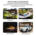 This image presents various applicable scenarios for an outdoor pergola with sunshades. It includes four pictures demonstrating different uses: a barbecue setup, a person relaxing in a hammock as a rest area, a family dinner setting, and a car parked under the pergola as a parking space. The text above states that sunshades can be used for grape trellises, barbecue sheds, courtyard rest areas, family gatherings, parking spaces, and more. Versatile Outdoor Pergola: Multiple Applicable Scenarios.
